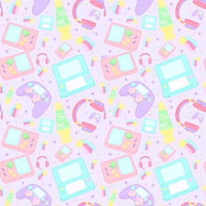 Op de afbeelding: Een herhalend patroon van pastelkleurige game-apparaten en accessoires op een lichtpaarse achtergrond. Het ontwerp omvat handheld consoles, controllers, koptelefoons, lavalampen en regenbogen, wat een speels, retro gaming thema creëert.