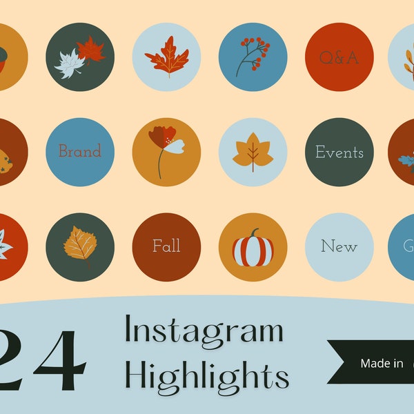 Editable Instagram Highlight Covers, Instagram Story Highlights Canva, IG Story Icons, Fall Autumn Colors, Orange, Red, Green, Blue, Yellow