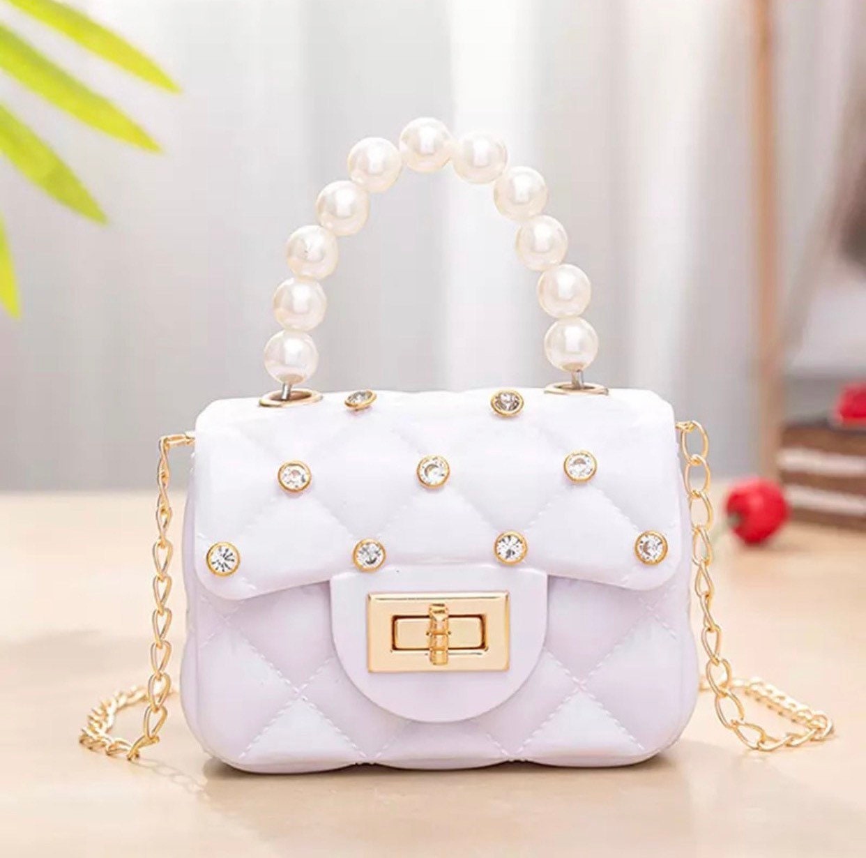 Women Mini Handbag New Elegant Shoulder Messenger Portable Chain Bag Girl PVC Jelly Bag Pearl Crossbody Rhombus Small Square Bag