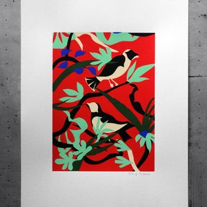 Birds, red background - Fabienne Cinquin - Screenprint - Print - Image - Printing - Screenprint - Art