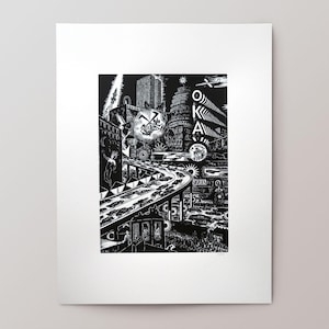 May include: A black and white linocut print featuring a dense urban cityscape with a multi-level highway, skyscrapers, and a prominent vertical sign reading OKA. The scene includes a rocket, a plane, and various figures within a complex composition.