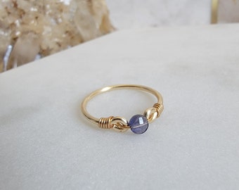 Iolite 14k Gold Filled Ring • Faceted Coin Gemstone • Handmade Wire Wrapped Jewelry • Minimalist • September • Meditation • Throat Chakra