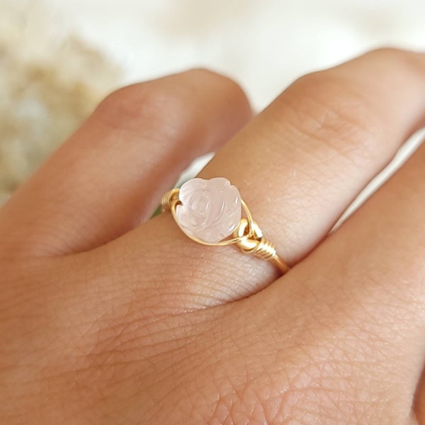 Rose Quartz Carved Flower Wire Wrapped Ring • Silver Plated Gold Color • Healing Crystal Jewelry • Heart Chakra • Confidence Love Feminine