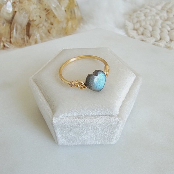 Labradorite 14k Gold Filled Ring • Petite Heart • Handmade Wire Wrapped Jewelry • JACKRABBIT Crystals • Minimalist • Third Eye Crown Chakra
