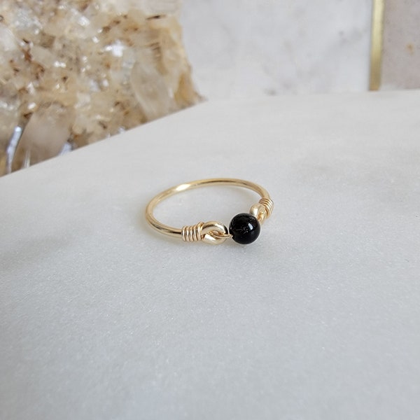 Black Obsidian 14k Gold Filled Ring • Petite Round Gemstone • Handmade Wire Wrapped Crystal Jewelry • Minimalist • Meditation • Root Chakra