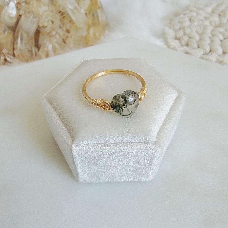 Moss Agate 14k Gold Filled Ring Petite Heart Handmade Wire Wrap Jewelry JACKRABBIT Crystals Minimalist Meditation Heart Chakra image 3