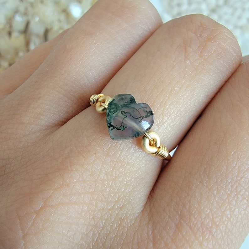 Moss Agate 14k Gold Filled Ring Petite Heart Handmade Wire Wrap Jewelry JACKRABBIT Crystals Minimalist Meditation Heart Chakra image 1