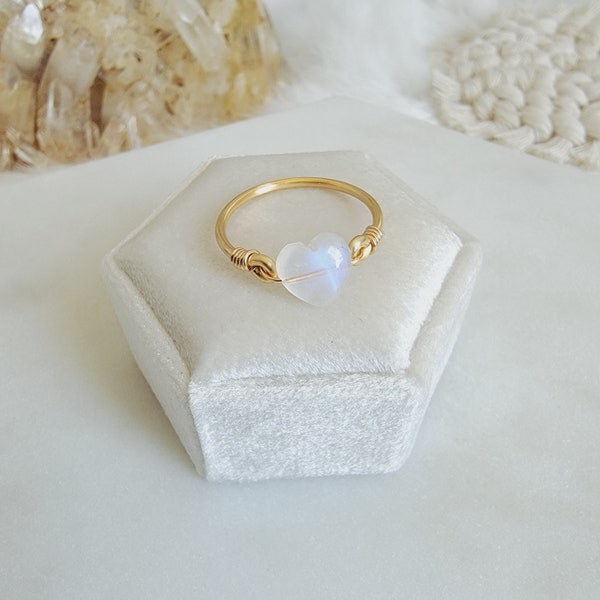 Rainbow Moonstone 14k Gold Filled Ring • Petite Heart • Handmade Wire Wrapped Jewelry • JACKRABBIT Crystals • Minimalist • Third Eye • Crown