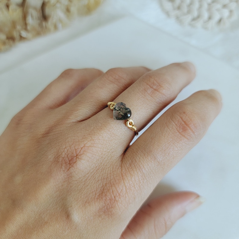 Moss Agate 14k Gold Filled Ring Petite Heart Handmade Wire Wrap Jewelry JACKRABBIT Crystals Minimalist Meditation Heart Chakra image 5