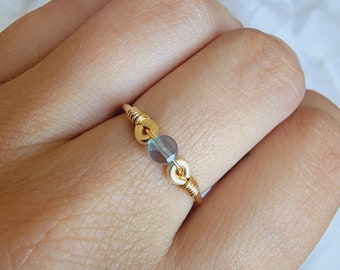 Blue Fluorite 14k Gold Filled Ring • Faceted Coin Gemstone • Handmade Wire Wrap Jewelry • Minimalist • Meditation • Throat Third Eye Chakra