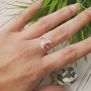 Rainbow Moonstone 14k Gold Filled Ring • Faceted Crescent Moon • Handmade Wire Wrapped Crystal Jewelry • Minimalist • Third Eye Crown Chakra