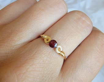 Garnet 14k Gold Filled Ring • Faceted Coin Gemstone • Handmade Wire Wrapped Crystal Jewelry • Minimalist • January Birthstone • Root Chakra