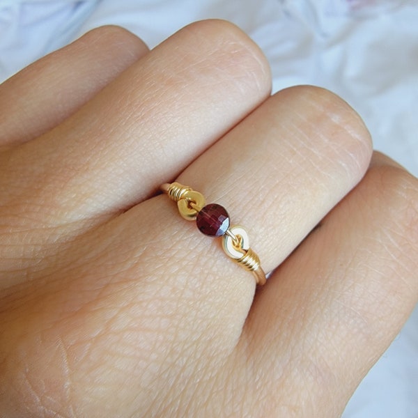 Garnet 14k Gold Filled Ring • Faceted Coin Gemstone • Handmade Wire Wrapped Crystal Jewelry • Minimalist • January Birthstone • Root Chakra