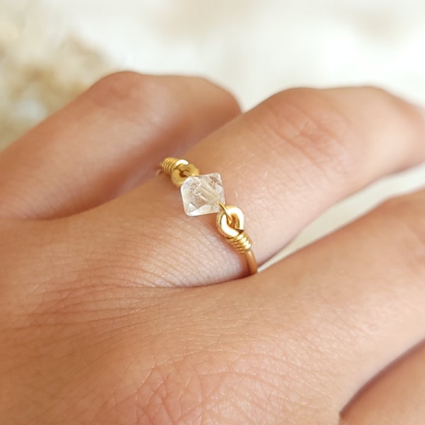 Herkimer Diamond 14k Gold Filled Ring • Raw Quartz • Handmade Wire Wrapped Crystal Jewelry • Everday Wear • Waterproof • April Birthstone