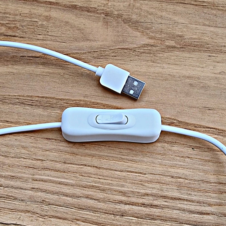 May include: A white USB cable with a white inline on/off switch. The cable is connected to a USB plug.