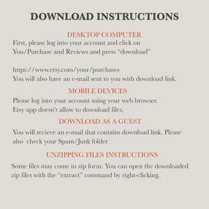 Puede incluir: Un fondo blanco con texto negro que describe las instrucciones para descargar archivos digitales de Etsy. El texto incluye instrucciones para descargar en una computadora de escritorio, un dispositivo m&oacute;vil y como invitado. Tambi&eacute;n incluye instrucciones para descomprimir archivos.
