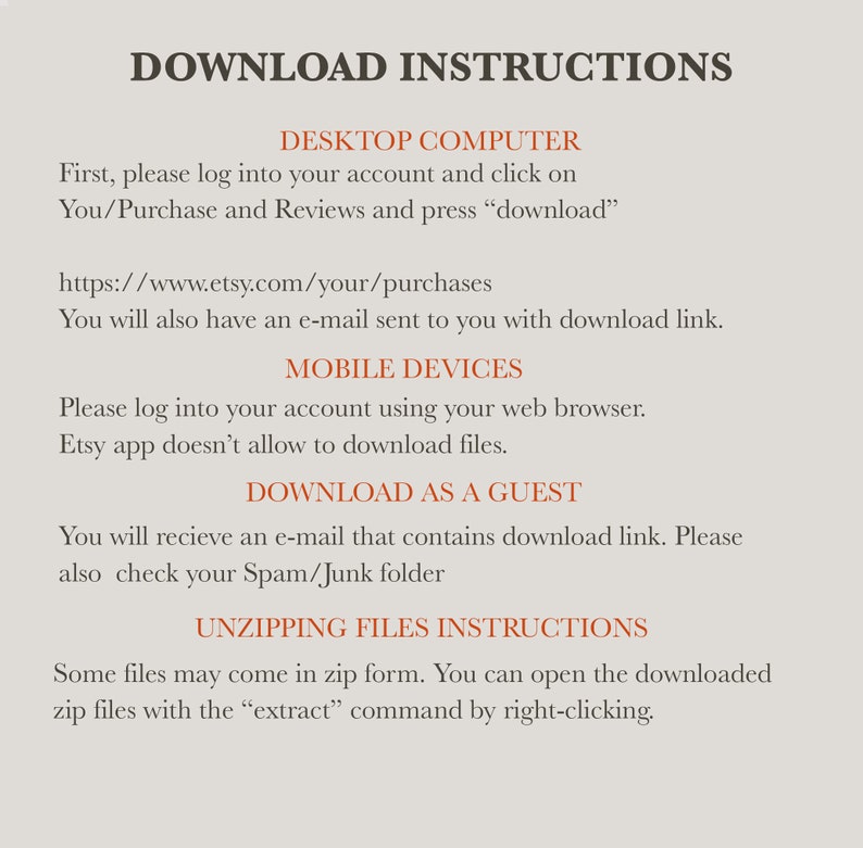 Puede incluir: Un fondo blanco con texto negro que describe las instrucciones para descargar archivos digitales de Etsy. El texto incluye instrucciones para descargar en una computadora de escritorio, un dispositivo m&oacute;vil y como invitado. Tambi&eacute;n incluye instrucciones para descomprimir archivos.