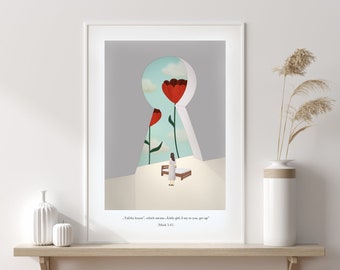 May include: A woman stands in a room with a keyhole-shaped doorway. The doorway leads to a field of red flowers and a blue sky. The text "Taida kous", which means "Little girl, I say to you, get up" and "Mark 3:41" is printed below the image.