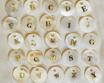 11.5mm Natural White Mother of Pearl Gold and Silver Round Alphabet Letter Beads Flat Round Shape Creative Supplies