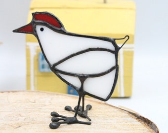 Chicken stained glass figurine, White hen decor, Domestic fowl handcrafted decor, Unique gift for country lover