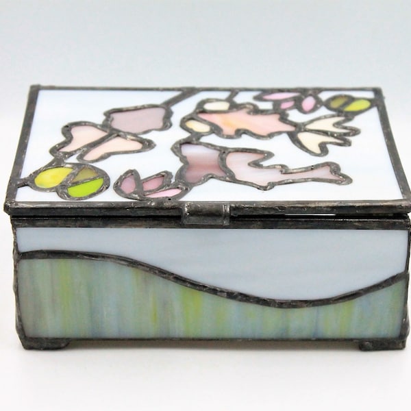 Japanese Koi Fish Box, Grey and Light Green Stained Glass Jewellery Casket