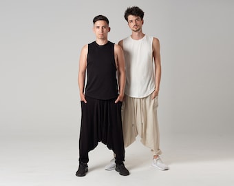 Men's Harem Pants, Hip Hop Sweatpants, Ninja Pants with Deep Drop Crotch, Long and Comfy Linen Pants for Men