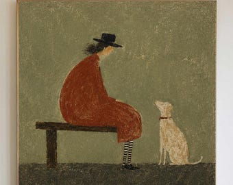 Whimsical Woman and Dog Painting, Vintage Lady in Rust Red Dress, Sage Green Figurative Wall Art, Textured Folk Art, Rustic Boho Home Decor