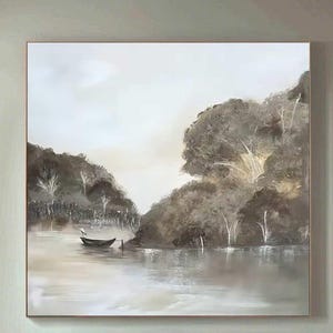 Vintage Landscape Oil Painting Neutral Landscape Canvas Art Framed Abstract Country Painting Farmhouse Decor Large Beige Texture Wall Art