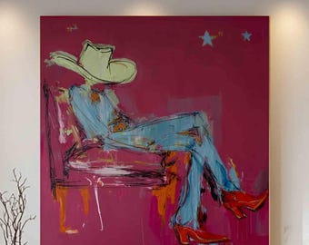 Original Cowgirl Oil Painting, Modern Western Glam Art, Bar Cart Decor