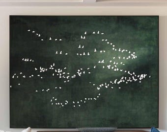 Dark Green Surrealist Oil Painting: Bird Art, Minimalist Decor