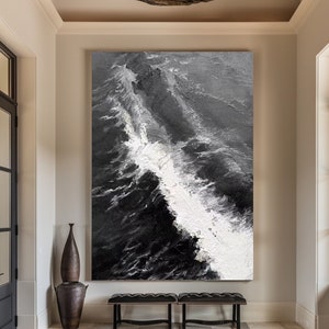 Black Wave wall art Black White Ocean Art Black Beach Abstract Painting White Wave Art Black&White 3D Textured Art  Modern Pastel Room Decor