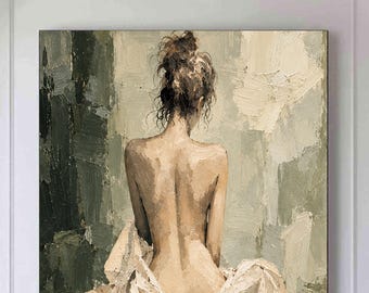 Hand Painted Woman Back Oil Painting, Textured Female Figure Wall Art, Neutral Beige Figurative Canvas, Large Minimalist Feminine Artwork