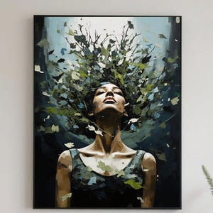 Framed Abstract Woman Face Painting: Colorful Maiden Art
