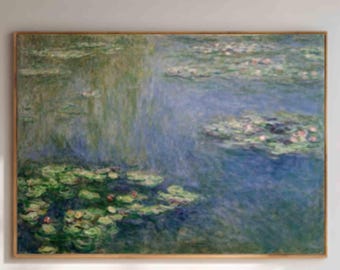 Impressionist Water Lilies Oil Painting, Blue Green Lily Pond Wall Art, Vintage Floral Landscape Canvas,  French Country Home Decor