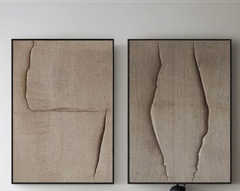ベージュの侘び寂びウォールアート2点セット：キャンバスに描かれた茶色の油絵