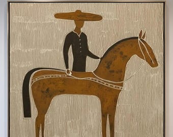 May include: A large square painting depicts a figure on horseback in a minimalist style. The rider wears a hat and dark clothing. The horse is brown with black accents. The background is textured with vertical lines. The artwork is framed and hangs above a wooden bench.