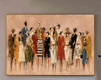 Abstract People Wall Art, Vintage Fashion Crowd Painting, Textured Figurative Canvas Art, Neutral Pink Modern Living Room Decor