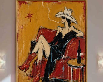 Western Cowgirl Oil Painting, Fashion Woman Wall Art, Red Cowboy Boots Canvas, Vintage Western Art, Textured Southwestern Wall Decor