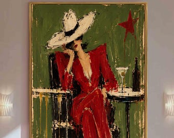 Cowgirl Wall Art, Red Dress Woman Painting, Western Bar Art, Textured Figurative Canvas, Modern Cowgirl Painting, Eclectic Western Decor