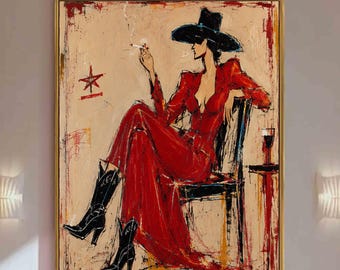 Cowgirl Wall Art, Red Dress Woman Painting, Western Woman Art, Textured Figurative Canvas, Fashion Western Decor, Large Statement Artwork