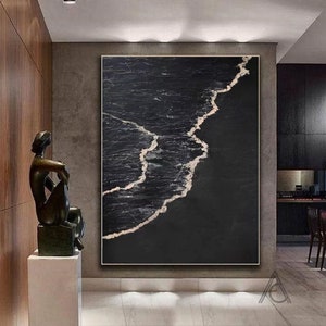 Black texture art Original Black Ocean art Black wall art Black and white painting Black art paintings oon canvas black and white painting