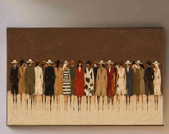 Western Cowboy Group Oil Painting, Abstract Western Fashion Wall Art, Vintage Cowgirl Canvas, Neutral Brown Textured Figurative Art