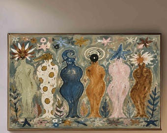 Abstract Botanical Women Painting, Textured Feminine Folk Art, Boho Garden Wall Decor