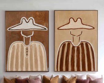 Set of 2 Cowboy Oil Painting Modern Western Wall Art Brown Abstract Figures Textured Canvas