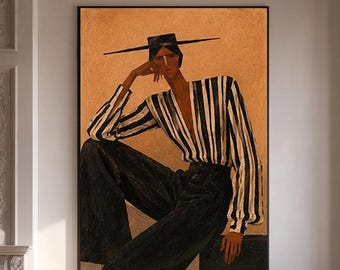 Large Abstract Woman Figure Painting, Beige black Wabi Sabi Wall Art, Retro Canvas Home Decor