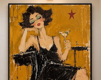 Vintage Woman Oil Painting, Cocktail Lady Wall Art, Black Dress Fashion Portrait, Martini Art, Textured Figurative Canvas, Retro Glam Decor