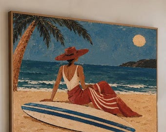 Surfer Girl Wall Art, Coastal Beach Painting, Retro Woman with Surfboard Art, Textured Ocean Canvas, Vintage Beach House Wall Decor