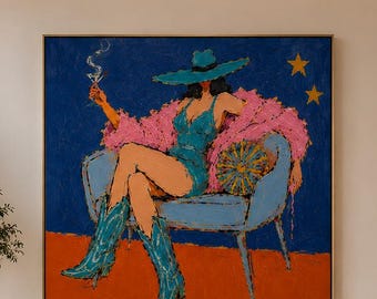 Abstract Cowgirl Wall Art , Large blue Western Wall Art , Modern Expressionist Canvas Paingting, Surreal Maximalist Decor,Bar Art Painting