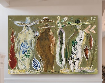 Large sage green Boho Expressionist Wall Decor,Original Abstract Figural Oil Painting, Bold Hues, Tropical Accents,Entrance Hall Artwork