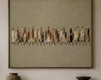 Abstract Walking Crowd Oil Painting, Minimalist People Wall Art, Sage Green Textured Figurative Canvas, Large Horizontal Neutral Wall Decor